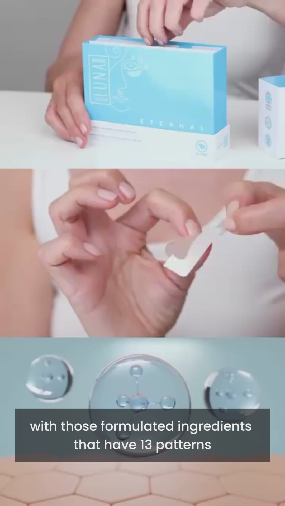 Luna Microcare Eternal. Mikroadatiniai naktiniai paakių pleistrai nuo raukšlių. Kaip naudoti. Vaizdo įrašas.