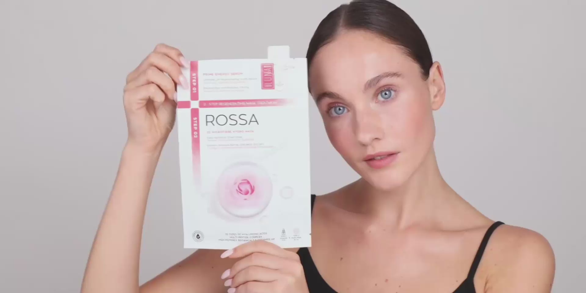 LUNA MicroCare 2 žingsnių gilaus drėkinimo lakštinė kaukė su serumu ROSSA. Vaizdo įrašas.